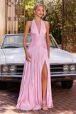 Ladivine CD412 Elegant Plunging Halter Flowing A-Line Gown