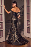 Ladivine CD640 Black/Gold Off Shoulder Fitted Mermaid Gown