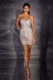 Ladivine CD644 Pearl Accent Sculpted Fitted Mini Dress