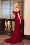 Ladivine CD667 Classic Hollywood Off Shoulder Fitted Stretch Satin Gown