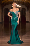 Ladivine CD667 Classic Hollywood Off Shoulder Fitted Stretch Satin Gown