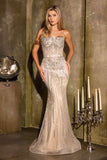 Ladivine CD684 Breathtaking Strapless Linear Motif Beaded Fitted Gown