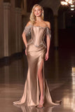 Ladivine CD688 Luxurious Stretch Satin Off Shoulder Fitted Evening Gown