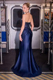 Ladivine CD690 Plunging Halter Neckline Beaded Stretch Satin Dress