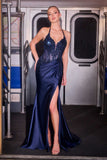Ladivine CD690 Plunging Halter Neckline Beaded Stretch Satin Dress