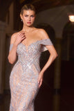 CLEARANCE - Ladivine CD693 Fitted Off Shoulder Sweetheart Gold Evening Dress (Size 12)