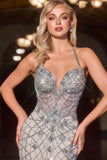 Ladivine CD716 Long Fitted Glamour Gown Halter Strap Crystal Embellishments