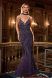 Ladivine CD719 Form Fitting Plunging Neck Sequin Beadwork Formal Dress