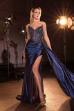 CLEARANCE - Ladivine CD722 Strapless Satin Fitted Cielo Blue Evening Gown (Size 12)
