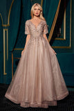 Ladivine CD726 Half Sleeve Mocha V-Neck A-Line Layered Glitter Gown