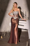 Ladivine CD733 Fitted Embellished Corset Bodice Stretch Satin Gown