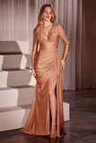 Ladivine CD788 Dress Long Sleeve Stretch Satin Embellished Gown