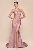 CLEARANCE - Ladivine CD791 Dress Strapless Stretch Satin Fitted Dusty Rose Gown (Size 8)