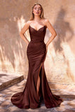 CLEARANCE - Ladivine CD791 Dress Strapless Stretch Satin Fitted Dusty Rose Gown (Size 8)