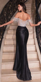 Ladivine CD821 Long Embellished Bodice Off the Shoulder Satin Gown