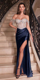 Ladivine CD821 Long Embellished Bodice Off the Shoulder Satin Gown