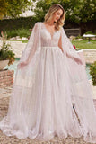 Ladivine CD852W Timeless A-Line Layered Tulle Long Sleeve Drape Wedding Gown