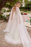 Ladivine CD852W Timeless A-Line Layered Tulle Long Sleeve Drape Wedding Gown