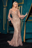 Ladivine CD864 Long Bishop Sheer Sleeve V-Neckline Embellished Gown