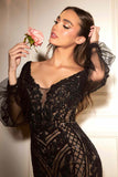 Ladivine CD864 Long Bishop Sheer Sleeve V-Neckline Embellished Gown