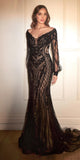 Ladivine CD864 Long Bishop Sheer Sleeve V-Neckline Embellished Gown