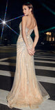 Ladivine CD866 Fitted Fringe Embellished Tulle Overlay Nude Lining Formal Gown