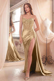 CLEARANCE - Ladivine CD868 Long Glamorous Lace Detailed Silver Gown Side Sash (Size 2)