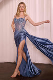 CLEARANCE - Ladivine CD868 Long Glamorous Lace Detailed Silver Gown Side Sash (Size 2)