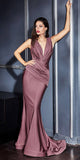 Cinderella Divine CD912 Fitted Jersey Gown Ruched Waistline Pleated Deep V-Neckline