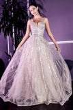 Cinderella Divine CD940 Stunning A-Line Ball Gown Glitter Tulle Long V-back