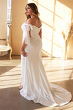 Cinderella Divine CD944WC Long Stretch Satin Gown Off The Shoulder Tie Sleeve