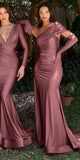 Cinderella Divine CD979 Long Slit Stretch Satin Gown with Gloves