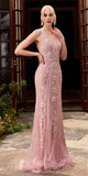 Cinderella Divine CD981 Long Pastel Column Beaded Lace Dress