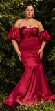 Cinderella Divine CD983 Long Fitted Satin Gown with Puff Sleeve