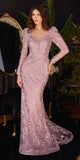 Ladivine CD989 Floor Length Glitter Print Dress with Long Sleeves