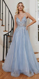 Cinderella Divine CD994 Long A-Line Beaded Tulle Gown Lace Detail V-Neck