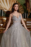 Cinderella Divine CD994 Long A-Line Beaded Tulle Gown Lace Detail V-Neck