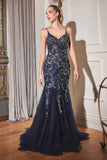 Cinderella Divine CDS438 Long Beaded Mermaid Gown Removable Short Sleeve Capelet