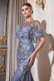 Cinderella Divine CDS438 Long Beaded Mermaid Gown Removable Short Sleeve Capelet