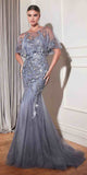 Cinderella Divine CDS438 Long Beaded Mermaid Gown Removable Short Sleeve Capelet