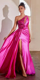 Ladivine CDS454 Floor Length One Shoulder Keyhole Bodice Leg Slit Satin Gown