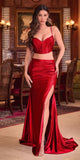 Ladivine CDS493 Floor Length Satin Fitted Two Piece Gown Side Slit