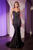 Ladivine CDS527 Dress Fitted Crystal Embellished Stretch Satin Prom Gown
