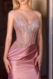 Ladivine CDS538 Dress Strapless Beaded Bodice & Satin Skirt Fitted Gown