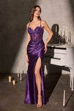 Ladivine CDS559 Fitted Corset Embellished Bodice Open Leg Slit Gown