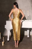 Ladivine CDS564 Halter Neckline Fitted Metallic Midi Gown