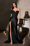 CLEARANCE - Ladivine CDS567 Strapless Sleek Satin Skirt Leg Slit Floral Beaded Gown (Size 2)