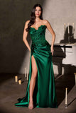 Ladivine CDS567 Strapless Sleek Satin Skirt Leg Slit Floral Beaded Gown