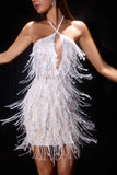 Ladivine CDS574 Fringe Beadwork Halter Fitted Mini Dress