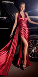 Ladivine CH079 Floor Length Fitted Halter Satin Gown Leg Slit Side Sash